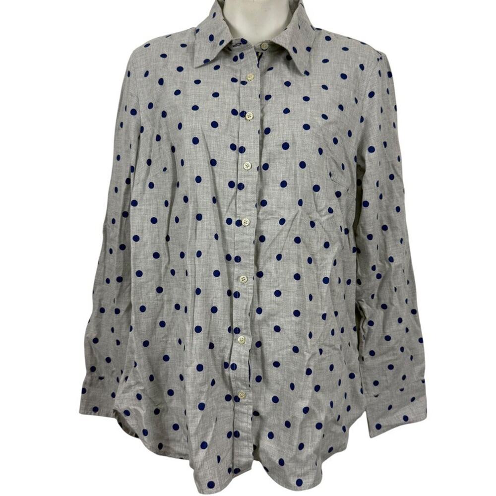 Talbots Womens Heather Gray Button Up Long Sleeve Shirt Blue Polka Dots sz M